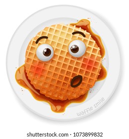 Belgium Round Waffle With Suprised Smile, Text, Honey, Jam, Jelly On The White Plate, Dish Isolated On White Background. Vector Illustration. Cartoon Food, Meal Icons, Logo, Icon, Emoji, Emotion.