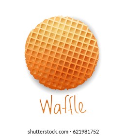 Belgium round waffle with text, gold colors, isolated on white background. Vector illustration. Cartoon icons, logo.