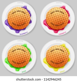 Belgium round waffle with text, honey, colored jam, jelly on the white plate, dish on white background. Vector illustration. Cartoon food, meal icons, logo, icon, emoji, emotion.