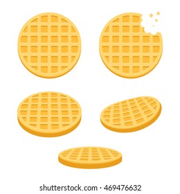 Belgium round waffles illustration set. Flat vector style cartoon icons, different angles.