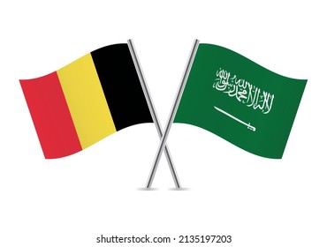 Belgium and Saudi Arabia crossed flags. Belgian and Saudi Arabian flags, isolated on white background. Vector icon set. Vector illustration.