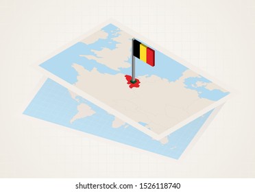 Belgium selected on map with isometric flag of Belgium. Vector paper map.