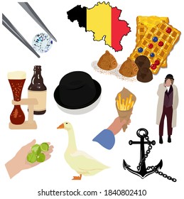 Belgium set of attractions. Traditional symbols of Brussels. Belgian waffles, ale, glass edges, chocolate, diamond cut, port, bowler hat, French fries, cabbage. Bruges. Map and flag of Belgium. tour