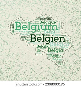 Belgium shape with country names word cloud in multiple languages. Belgium border map on classy triangles scattered around. Stylish vector illustration.