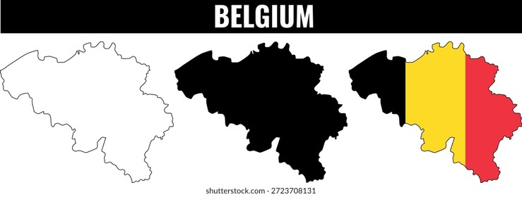 Belgium shapes set showing different styles of the country's map outline with various color fills