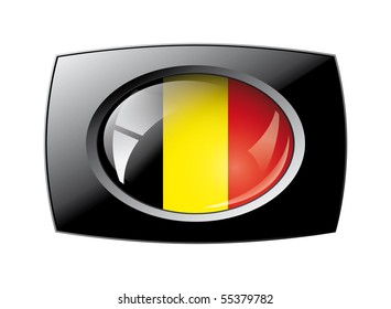 Belgium shiny button flag with black frame -  vector illustration. Isolated abstract object against white background.