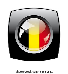 Belgium shiny button flag with black frame -  vector illustration. Isolated abstract object against white background.