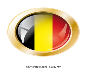 Belgium shiny button flag with golden ring vector illustration. Isolated abstract object against white background.