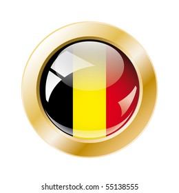 Belgium shiny button flag with golden ring vector illustration. Isolated abstract object against white background.
