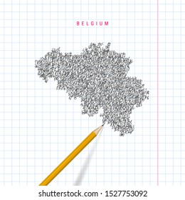 Belgium sketch scribble map drawn on checkered school notebook paper background. Hand drawn vector map of Belgium. Realistic 3D pencil.