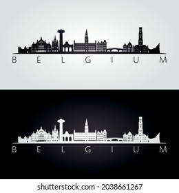 Belgium skyline and landmarks silhouette, black and white design, vector illustration.