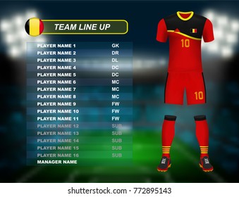 Belgium soccer jersey kit with team line up board on soccer stadium and crowd fan with spot light backdrop on night time. Concept for Europe football result background in vector illustrative