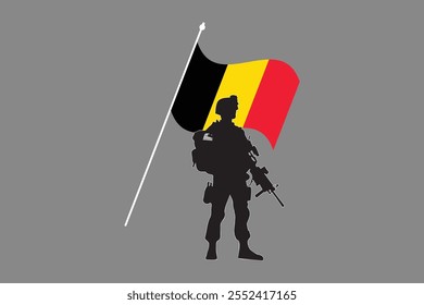 Soldado da Bélgica com bandeira, Bandeira da Bélgica gráfico vetorial, Bandeira do país da Bélgica é um símbolo de liberdade, Bandeira nacional da Bélgica, ilustração vetorial
