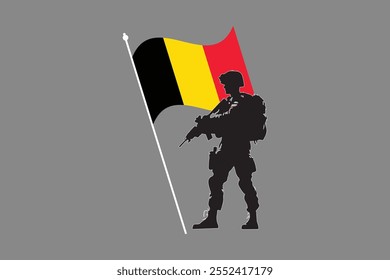 Soldado da Bélgica com bandeira, Bandeira da Bélgica gráfico vetorial, Bandeira do país da Bélgica é um símbolo de liberdade, Bandeira nacional da Bélgica, ilustração vetorial
