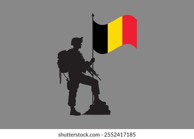 Soldado da Bélgica com bandeira, Bandeira da Bélgica gráfico vetorial, Bandeira do país da Bélgica é um símbolo de liberdade, Bandeira nacional da Bélgica, ilustração vetorial
