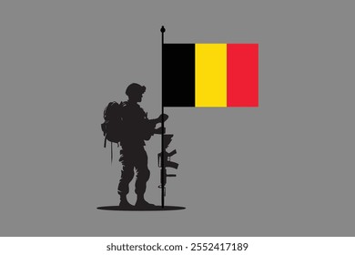 Soldado da Bélgica com bandeira, Bandeira da Bélgica gráfico vetorial, Bandeira do país da Bélgica é um símbolo de liberdade, Bandeira nacional da Bélgica, ilustração vetorial
