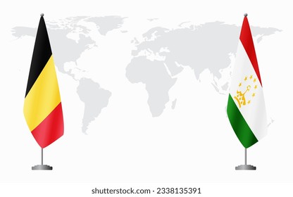 Belgium and Tajikistan flags for official meeting against background of world map.