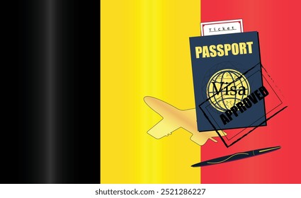 Belgium Travel Documentation Concept with blue Passport and Belgium Flag. Approved Stamp. Airplane and Travel Tickets. Ideal for Immigration Tourism and Traveling Themes. Vector EPS available