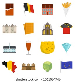 Belgium travel icons set. Flat illustration of 16 Belgium travel vector icons isolated on white background