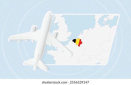 Belgium Travel Illustration with Plane and National Flag. Ideal for travel agencies, promotional materials, or geographic content related to Belgium.