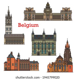 Belgium travel landmarks, architecture of Brussels and Bruges, vector. Belgian cathedrals, churches and Bruxelles buildings, Brugge city hall mairie, tower