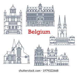 Belgium travel landmarks, architecture buildings, vector Belgian sightseeing icons. Church of St Gertrude in Nivelles and St John in Mechelen, Belgium town hall Stadhuis in Mechlin and Hal city