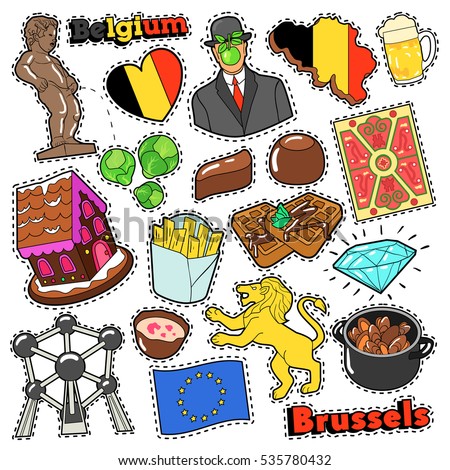 Belgium Travel Scrapbook Stickers, Patches, Badges for Prints with Fries, Chocolate and Belgian Elements. Comic Style Vector Doodle