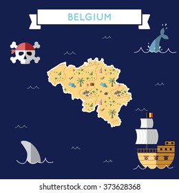 Belgium treasure map in flat design. Colorful cartoon treasure map of Belgium with flat design icons of pirate ship and jolly roger. Belgium flat design vector illustration.