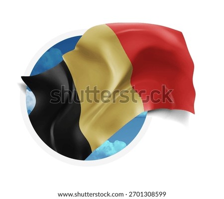 Belgium, vector 3d flag against a blue sky, through a round hole on a white background