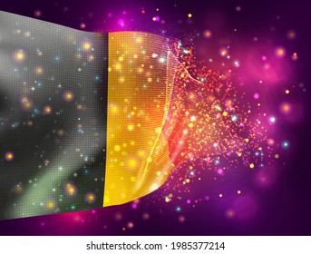 Belgium, vector 3d flag on pink purple background with lighting and flares