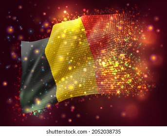 Belgium, vector 3d flag on pink purple background with lighting and flares