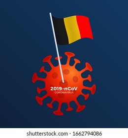 Belgium vector flag pinned to a coronavirus. Stop 2019-nCoV outbreak. Coronavirus danger and public health risk disease and flu outbreak. Pandemic medical concept with dangerous cells