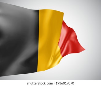 Belgium, vector flag with waves and bends waving in the wind on a white background.