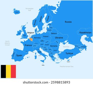 Belgium vector map, Europe. Editable Vector map silhouette illustration isolated on Europe, highlighted at Belgium, with flag, country name, border, and capital city.