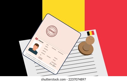 Belgium visa, open stamped passport with visa approved document for border crossing. Immigration visa concept. Background with Belgium flag. vector illustration