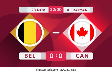 Belgium vs Canada Match Design Element. Soccer Championship Competition Infographics. Announcement, Game Score, Scoreboard Template. Vector Illustration