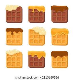 Belgium Waffles Set with Chocolate, Honey and Milk Topping. Vector