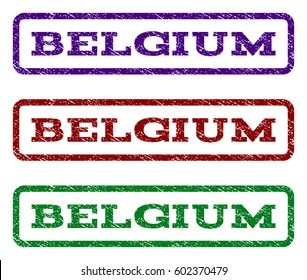 Belgium watermark stamp. Text tag inside rounded rectangle frame with grunge design style. Vector variants are indigo blue, red, green ink colors. Rubber seal stamp with unclean texture.