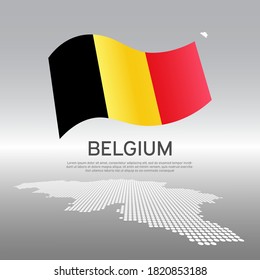 Belgium wavy flag and mosaic map on light background. Creative background for the national Belgian poster. Vector tricolor design. Business booklet. State Belgian patriotic banner, flyer