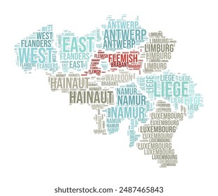 Belgium Word Cloud. Country shape with region division. Belgium typography style image. Region names tag clouds. Vector illustration.