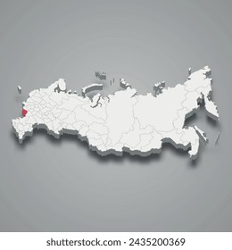 Belgorod region highlighted in red on a grey Russia 3d map