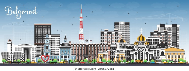 Belgorod Russia city skyline with color buildings and blue sky. Vector illustration. Belgorod cityscape with landmarks. Business travel and tourism concept with modern and historic architecture.