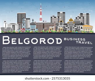 Belgorod Russia city skyline with color buildings, blue sky and copy space. Vector illustration. Belgorod cityscape with landmarks. Travel and tourism concept with modern and historic architecture.