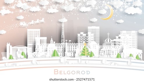 Belgorod Russia. Winter city skyline in paper cut style with snowflakes, moon and neon garland. Christmas and new year concept. Santa Claus on sleigh. Belgorod cityscape with landmarks.