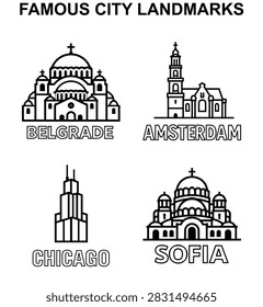 Belgrade, Amsterdam, Chicago and Sofia landmark icons showing Church of Saint Sava, Westerkerk, Willis Tower and Alexander Nevsky Cathedral