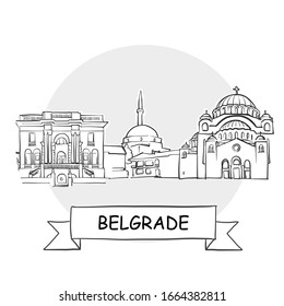 Belgrade Cityscape Vector Sign. Line Art Illustration with Ribbon and Title.