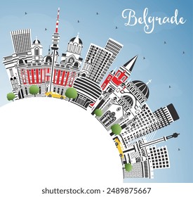 Belgrade Serbia City Skyline with Color Buildings, Blue Sky and Copy Space. Vector Illustration. Belgrade Cityscape with Landmarks. Business Travel and Tourism Concept with Historic Architecture.