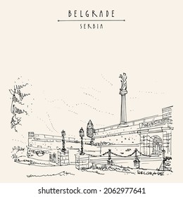 Belgrade, Serbia. Kalemegdan Fortress and Viktor Monument in Belgrade, Serbia. Hand drawing in retro style. Travel sketch. Vintage touristic postcard, poster, calendar or book illustration in vector