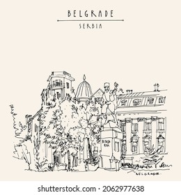 Belgrade, Serbia. Monument to Vojvoda Vuk (Vojin Popovic) at Toplicin Venac. Hand drawing in retro style. Travel sketch. Vintage touristic postcard, poster, calendar or book illustration