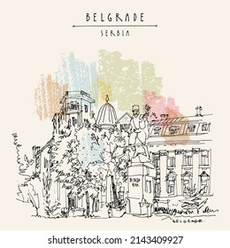 Belgrade, Serbia. Monument to Vojvoda Vuk (Vojin Popovic) at Toplicin Venac. Hand drawing in retro style. Travel sketch. Vintage touristic postcard, poster, calendar or book illustration